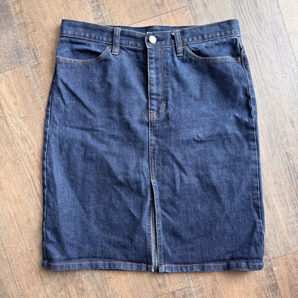 Gap Vintage Y2K 2001 Dark Wash Denim Pencil Skirt Front Slit Indigo Blue Size 8